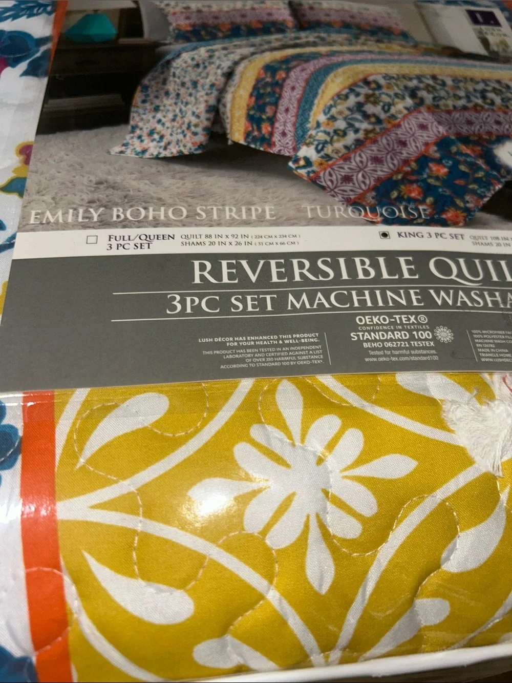 Lush King Turquoise Multi Boho Stripe Reversible Quilt Set